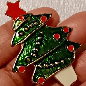 Christmas Tree Brooch Pin Green Red Holidays VTG